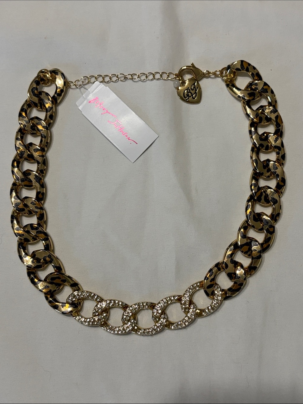 Betsey Johnson Gold Tone Leopard Print Chain Necklace with Crystal Links NWT